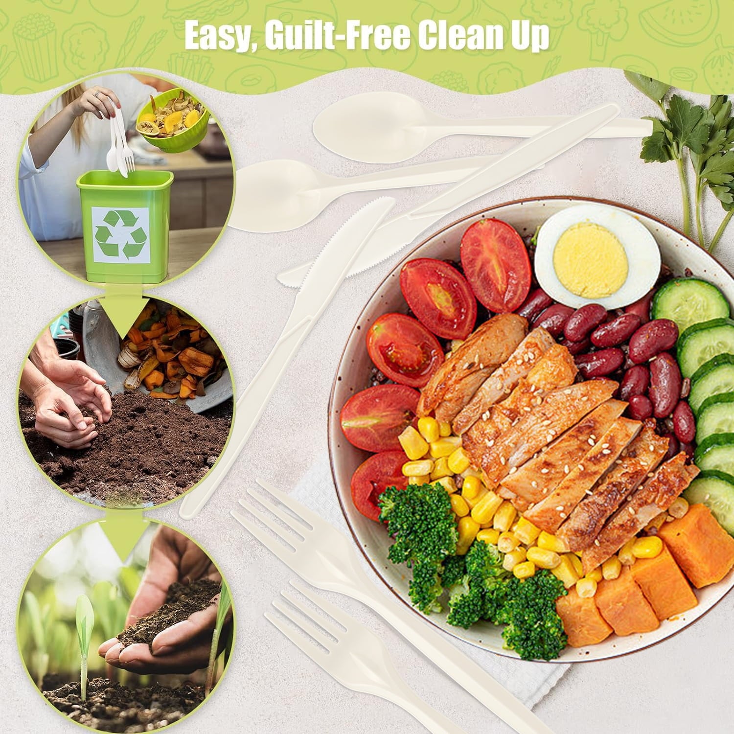 360 Packs Compostable Utensils, Compostable 120 Forks 120 Spoons 120 Knives, Large Disposable Silverware Heavy-Duty Eco Friendly Flatware