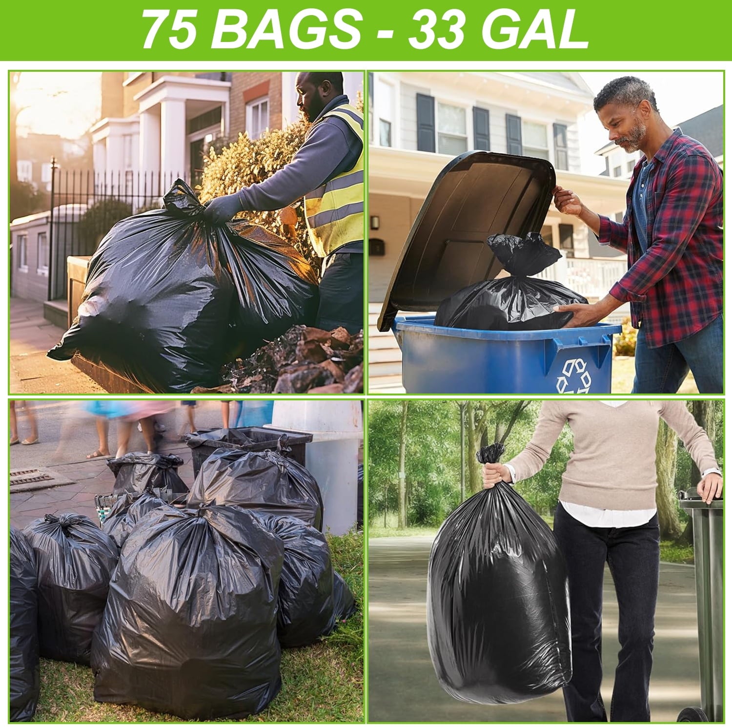 33 Gallon Trash Bags (75Count) ,30-33 Gallon Black Garbage Bags ,Garbage Can Liners with Tying Ropes