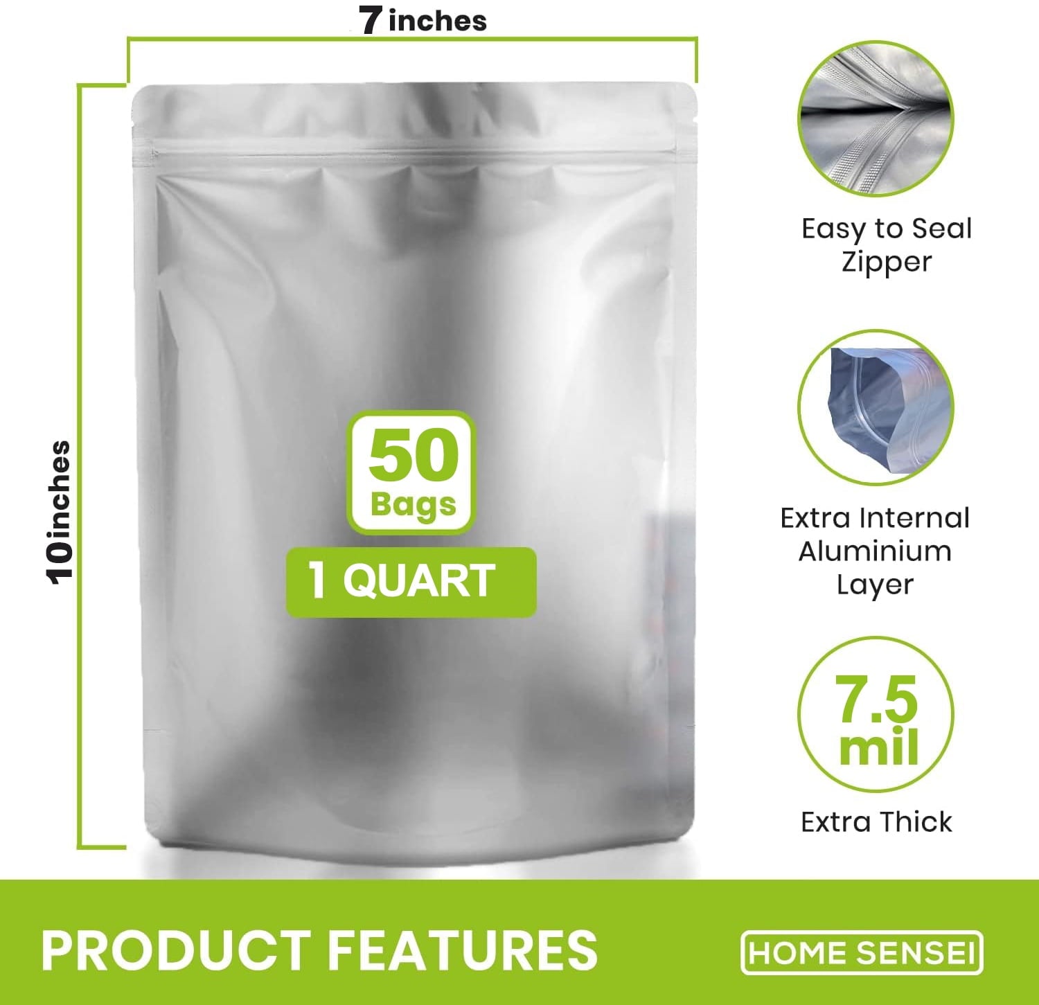 50 Packs Mylar Bags for Food Storage 1 Quart(7"x 10") Reusable Mylar Bags 400cc Thick 5.5 Mil,Heat Sealable Mylar Bags for Food Storage Zipper Pouches