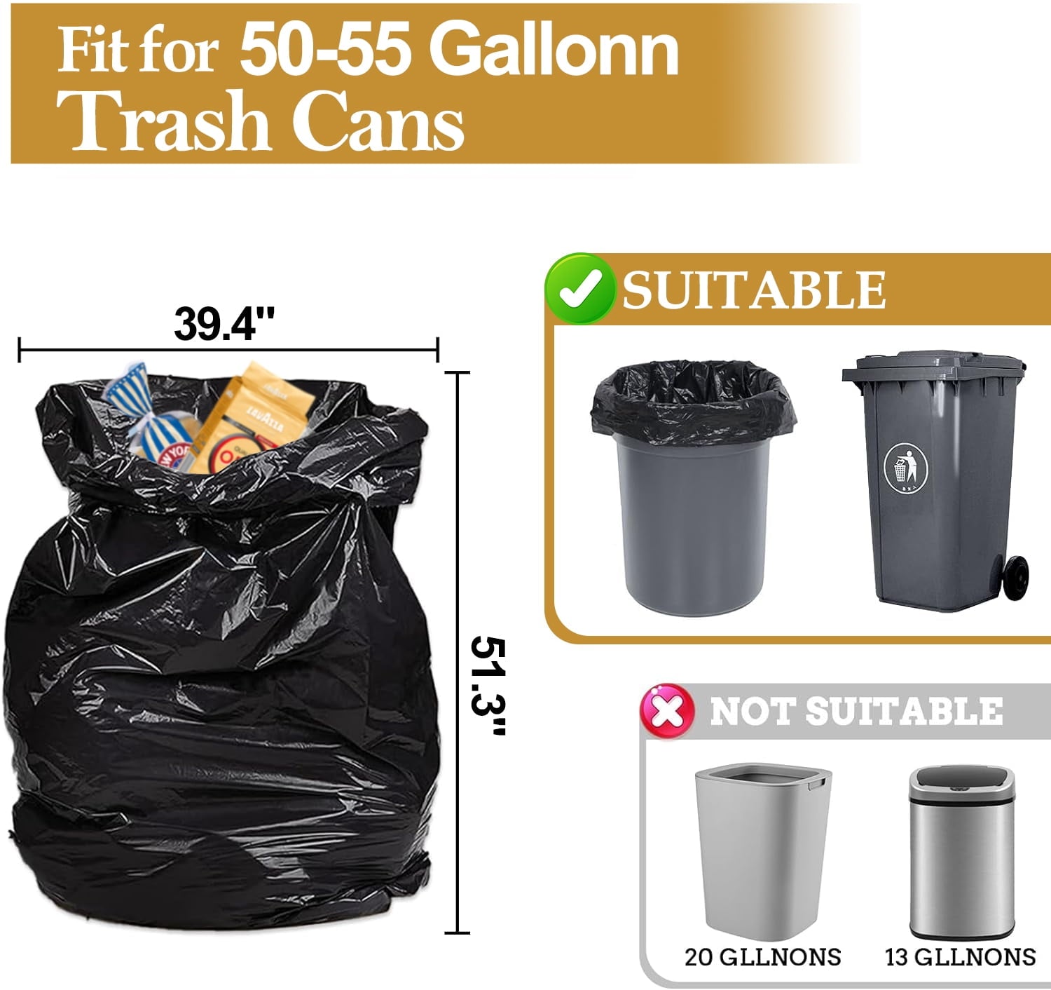 55 Gallon Trash Bags (50 Count)1.5 Mil,Heavy Duty Outdoor Garbage Bags for Office, Waste, and Storage Use