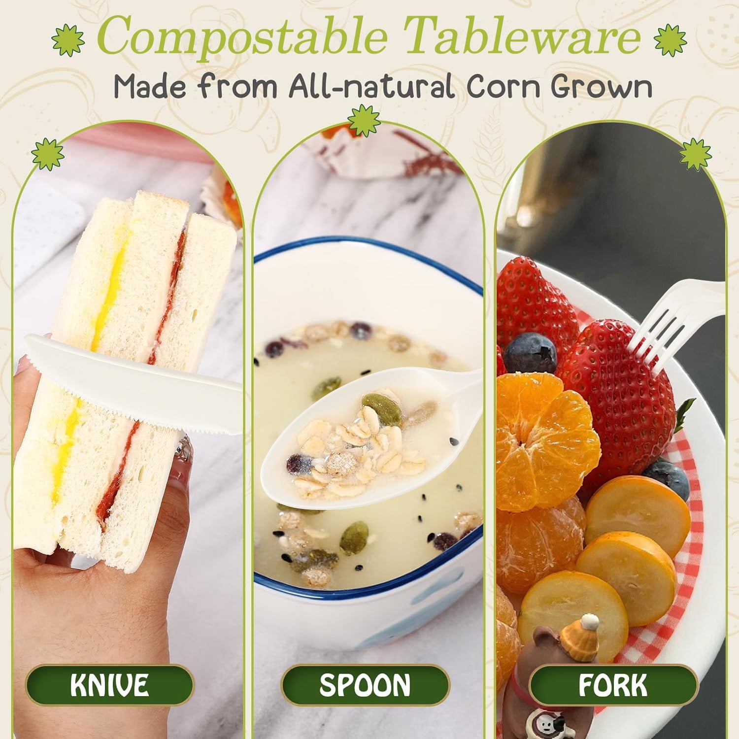 360 Packs Compostable Utensils, Compostable 120 Forks 120 Spoons 120 Knives, Large Disposable Silverware Heavy-Duty Eco Friendly Flatware
