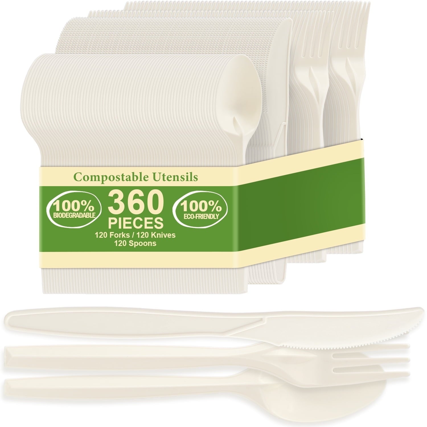 360 Packs Compostable Utensils, Compostable 120 Forks 120 Spoons 120 Knives, Large Disposable Silverware Heavy-Duty Eco Friendly Flatware