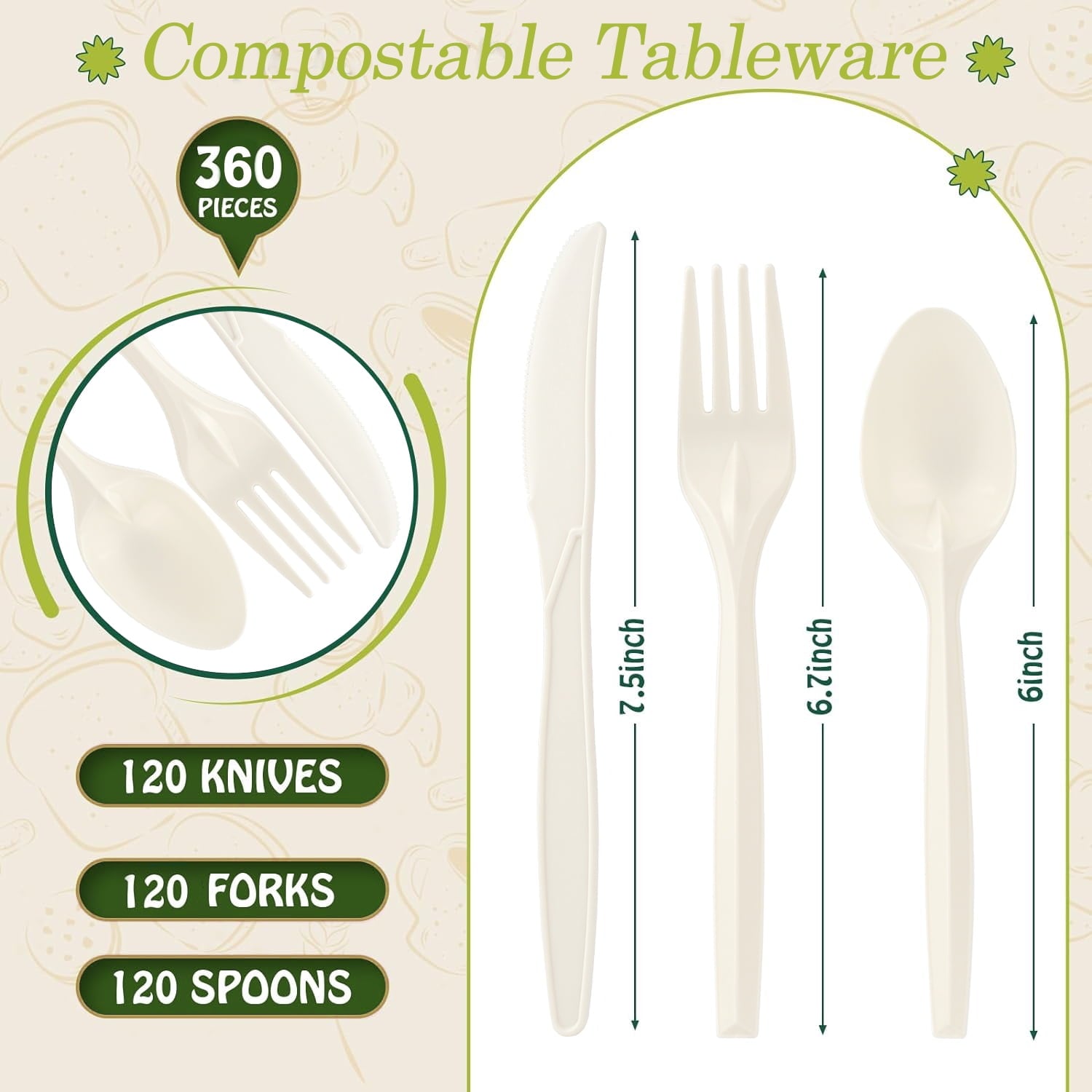 360 Packs Compostable Utensils, Compostable 120 Forks 120 Spoons 120 Knives, Large Disposable Silverware Heavy-Duty Eco Friendly Flatware