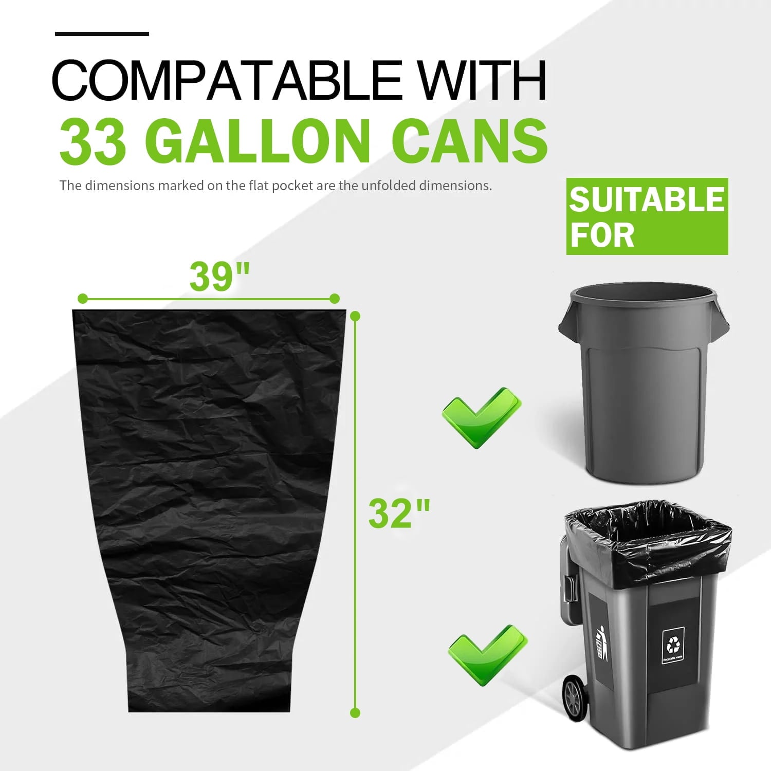 33 Gallon Trash Bags (75Count) ,30-33 Gallon Black Garbage Bags ,Garbage Can Liners with Tying Ropes