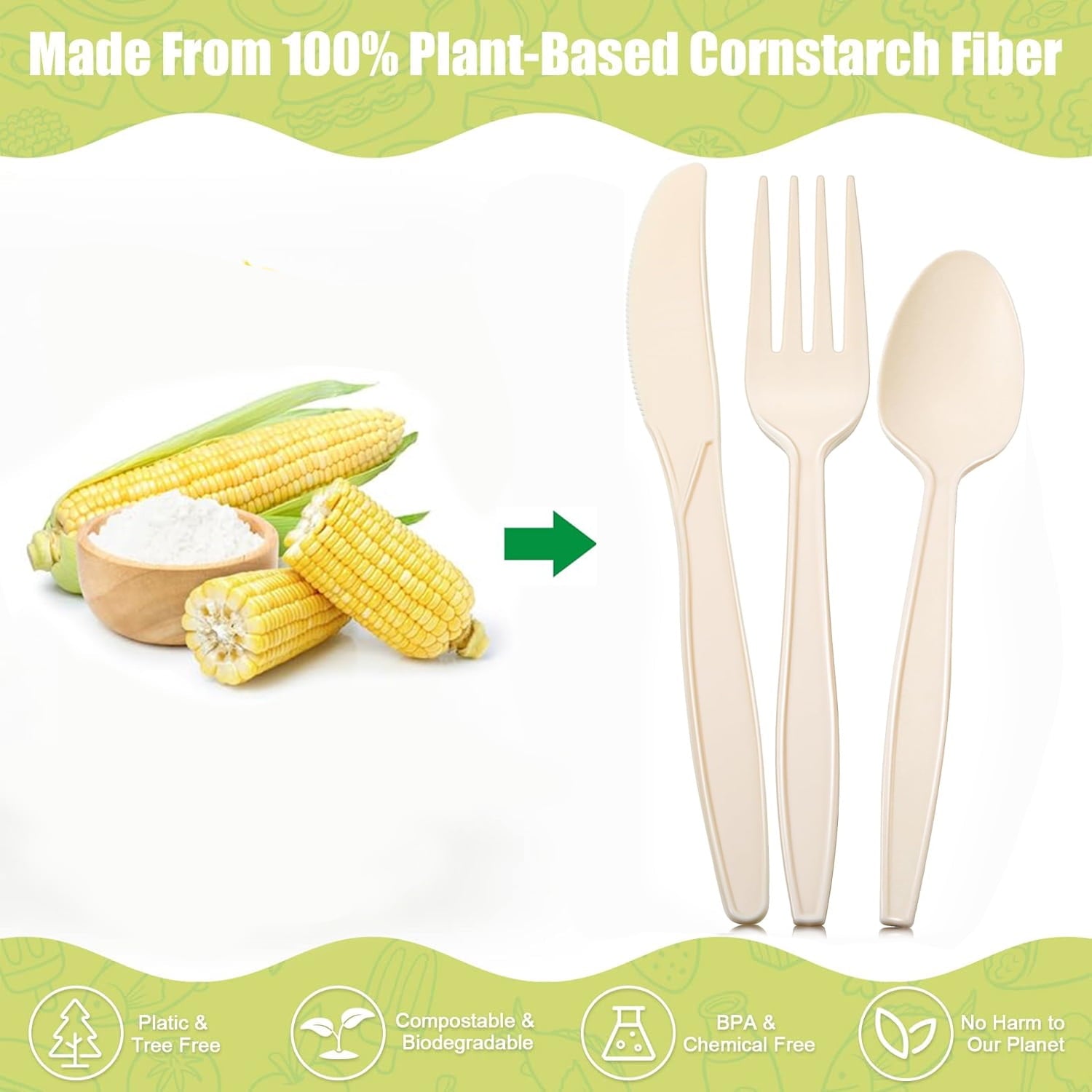 360 Packs Compostable Utensils, Compostable 120 Forks 120 Spoons 120 Knives, Large Disposable Silverware Heavy-Duty Eco Friendly Flatware