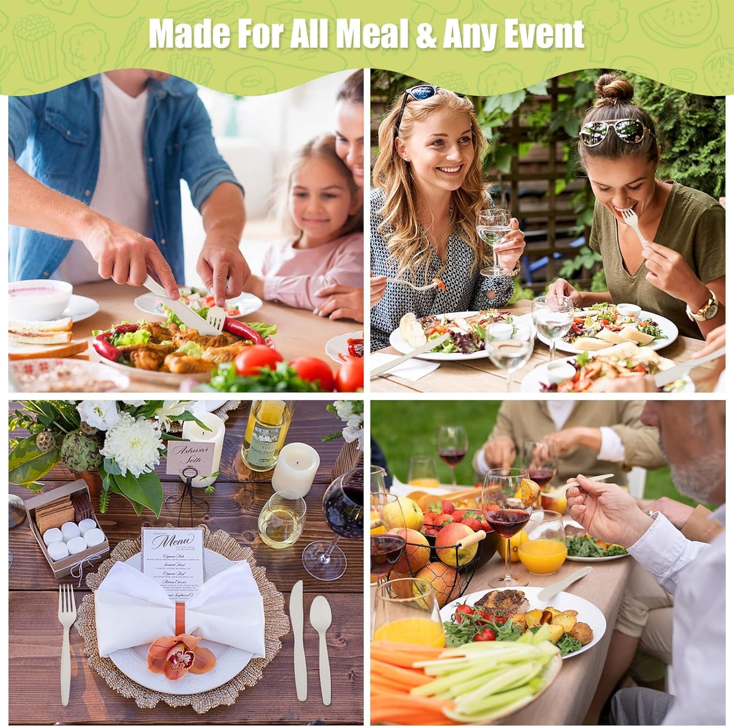 360 Packs Compostable Utensils, Compostable 120 Forks 120 Spoons 120 Knives, Large Disposable Silverware Heavy-Duty Eco Friendly Flatware