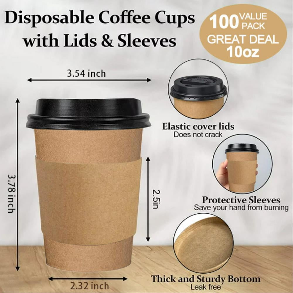 100 Pack 10 oz Paper Coffee Cups, Disposable Coffee Cups with Lids and Sleeves for Home and Cafes.