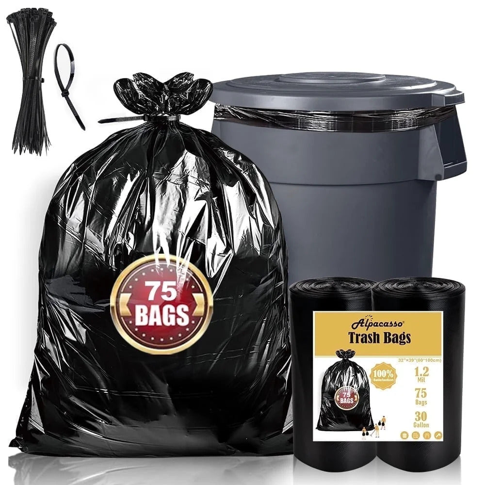 33 Gallon Trash Bags (75Count) ,30-33 Gallon Black Garbage Bags ,Garbage Can Liners with Tying Ropes
