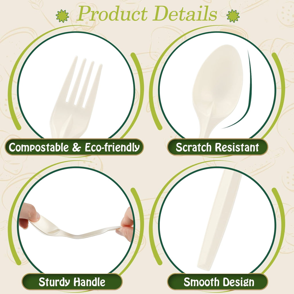 360 Packs Compostable Utensils, Compostable 120 Forks 120 Spoons 120 Knives, Large Disposable Silverware Heavy-Duty Eco Friendly Flatware