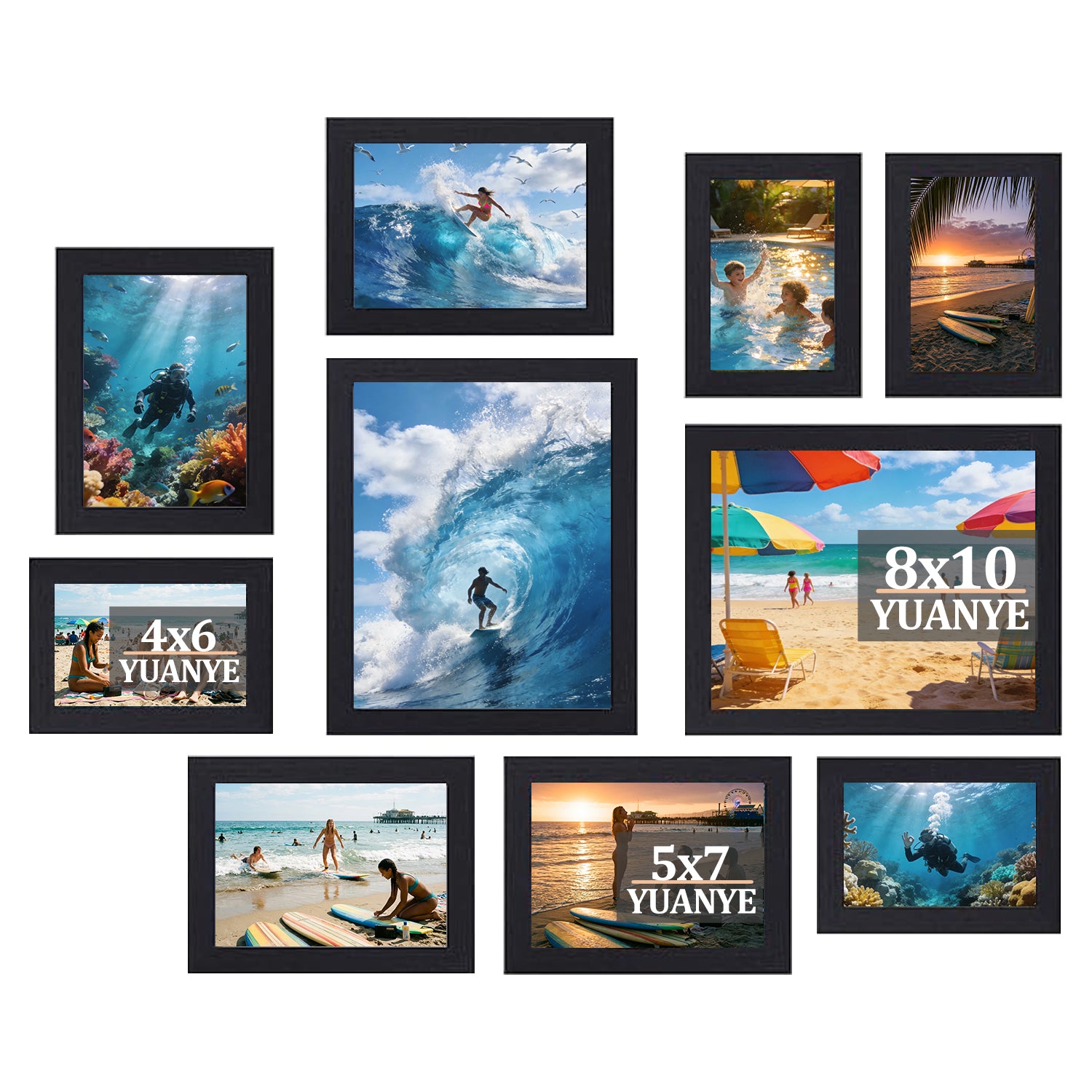 YUANYE 10 Pack Picture Frames Collage Wall Decor, Gallery Frame Set for Wall Mounting or Tabletop Display, Photo Gallery Frame Set for Family, Including 2pcs 8x10, 4pcs 5x7, 4pcs 4x6, Black