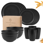16-Piece Plastic Wheat Straw Dinnerware Set,Dish Set for 4 Salad Plates,Cereal Bowls,and Cups Set,Unbreakable and Lightweight,Microwave & Dishwasher Safe,Black