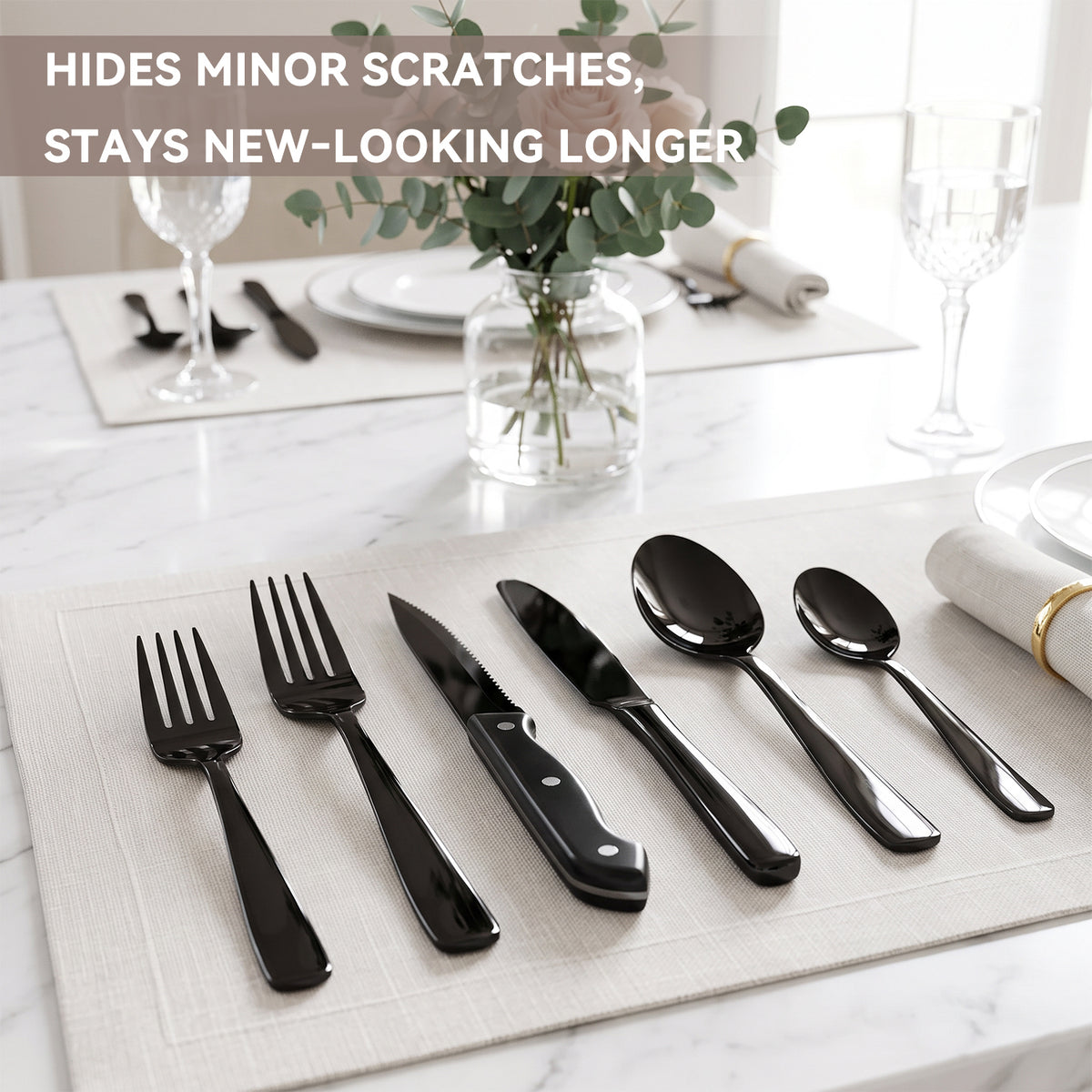 Kosbon 48-Piece Black Silverware Set for 8, with Steak Knives - Food Grade Stainless Steel Flatware Cutlery Utensil Set - Premium Mirror Polished Finish for Home Restaurant Daily Use