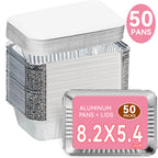 Kosbon 50 Packs Aluminum Pans with Lids (8.26"×5.5"), Foil Baking Tins, Disposable Foil Containers with Lids, Covers Pans and Cardboard - for Baking Cakes, Bread, Meatloaf, Lasagna