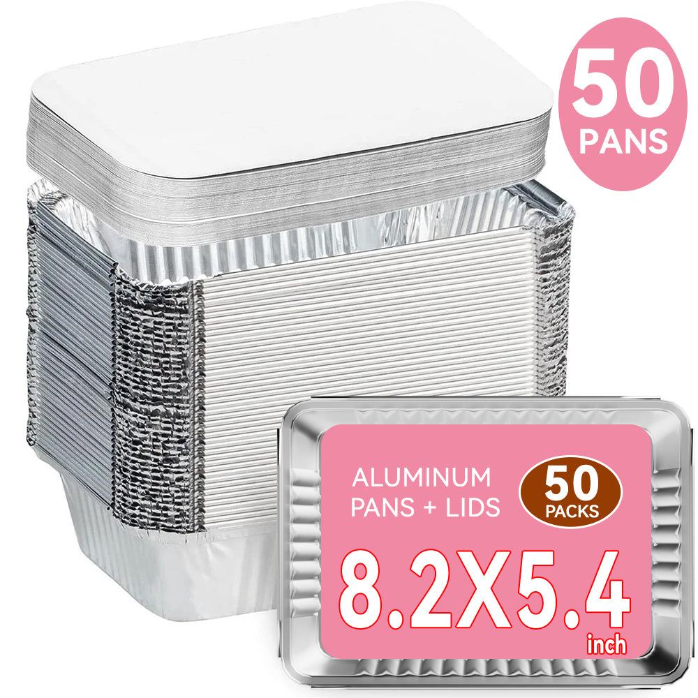 Kosbon 50 Packs Aluminum Pans with Lids (8.26"×5.5"), Foil Baking Tins, Disposable Foil Containers with Lids, Covers Pans and Cardboard - for Baking Cakes, Bread, Meatloaf, Lasagna