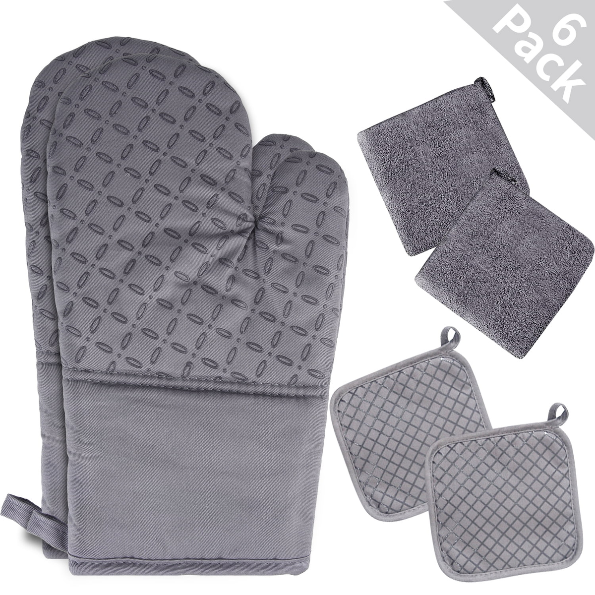 Kosbon Oven Mitts and Pot Holders 6pcs Set, Kitchen Oven Glove High Heat Resistant 500 Degree Extra Long Oven Mitts and Potholder with Non-Slip Silicone Surface for Cooking
