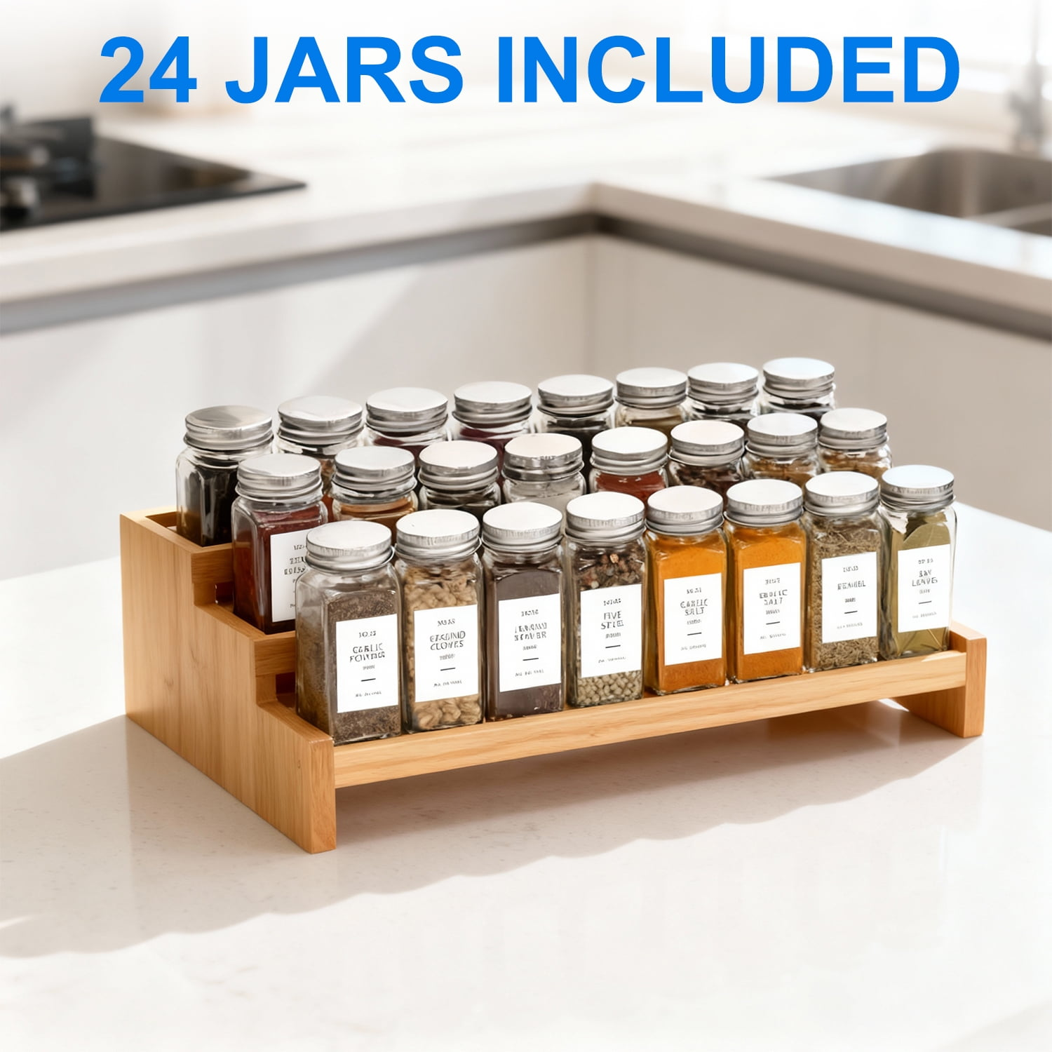 24 Pcs Glass Spice Jars/Bottles - 4oz Empty Square Spice Containers with 8 Spice Labels - Shaker Lids and Airtight Metal Caps Kosbon