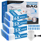 WEPSEN 20 Pack Vacuum Storage Bags with Electric Pump,Space Saver Bags(6 Small,5 Medium,5 Large,4 Jumbo),Vacuum Sealer Bags for Clothes, Mattress, Blanket, Duvets, Pillows, Comforters,Travel