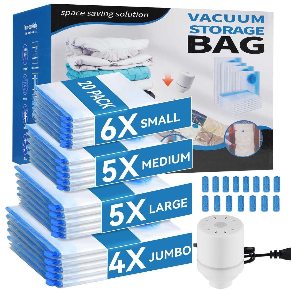 WEPSEN 20 Pack Vacuum Storage Bags with Electric Pump,Space Saver Bags(6 Small,5 Medium,5 Large,4 Jumbo),Vacuum Sealer Bags for Clothes, Mattress, Blanket, Duvets, Pillows, Comforters,Travel