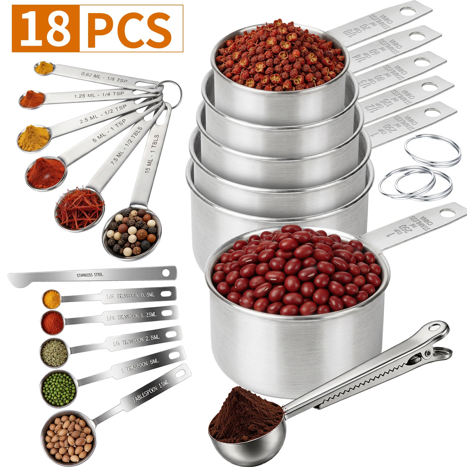 WEPSEN 18-Piece Stainless Steel Measuring Cups and Spoons Set,5 Stainless Steel Nesting Measuring Cups & 6 Spoons,1 Leveler & 5Mini Measuring Spoons,1Tbsp Coffee Scoop with Clip for Cooking & Baking