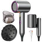 2000W Ionic Hair Dryer, Foldable Fast Drying Blow Dryer with Diffuser & Concentrator Nozzles for Home and Travel Use, Grey