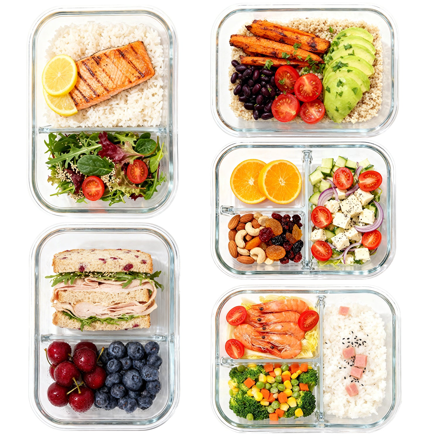 YUANYE 5 Pack 36oz Glass Meal Prep Containers with Lids, 1&2&3 Compartment Airtight Glass Food Storage, Microwave & Dishwasher Safe, Blue