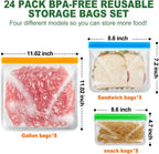 24 Pack Food Storage Bag, Freezer Bags , Reusable Silicone Storage Bags BPA Free (24Pack-8 Gallon Bags+8 Sandwich Bags+8 Snack Bags)