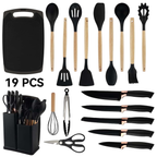 Kosbon 19pcs Cooking Utensils Set, Kitchen Set Utensils Set with 11 Pieces Spatula Cooking Utensils,Heat Resistant Silicone Utensils 5 Piece Sharp Knife Set 1 Scissors and 1 Utensil Cutting Board Black