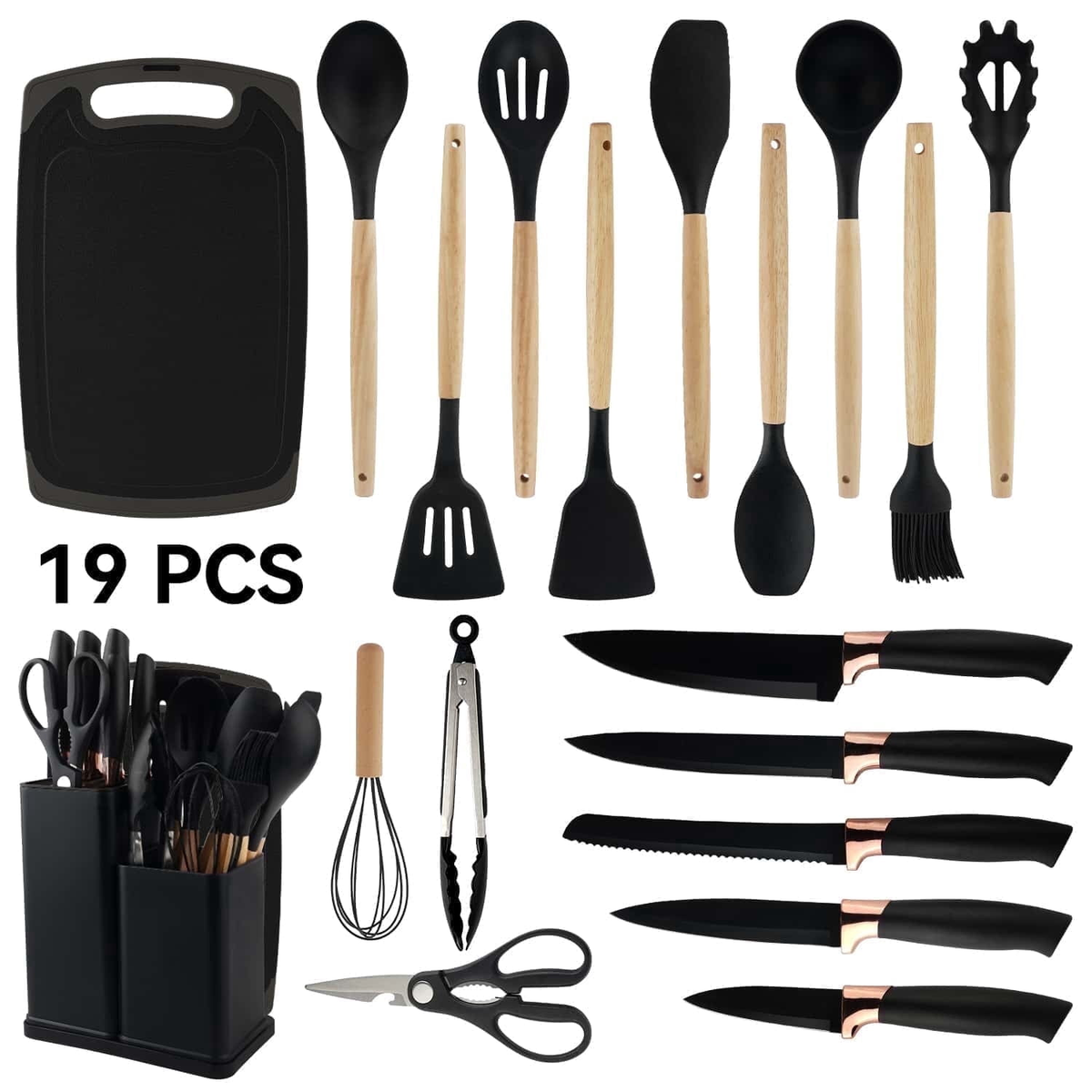 Kosbon 19pcs Cooking Utensils Set, Kitchen Set Utensils Set with 11 Pieces Spatula Cooking Utensils,Heat Resistant Silicone Utensils 5 Piece Sharp Knife Set 1 Scissors and 1 Utensil Cutting Board Black