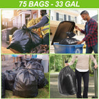 33 Gallon Trash Bags (75Count) ,30-33 Gallon Black Garbage Bags ,Garbage Can Liners with Tying Ropes