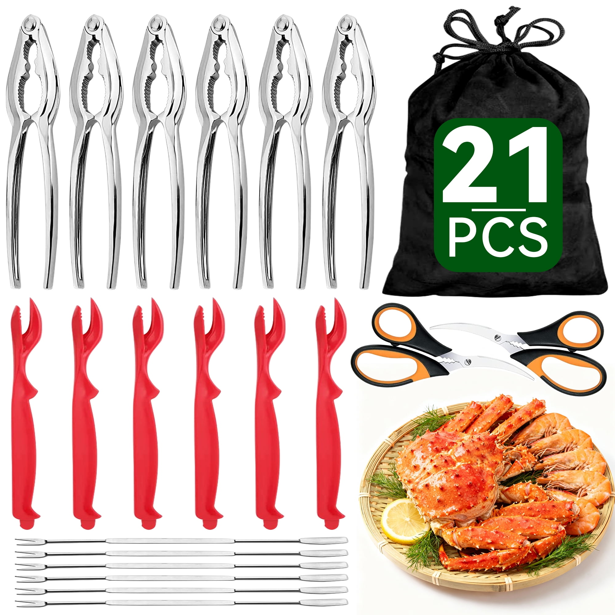 Kosbon 21-pieces Seafood Tools Set Includes 6 Sharp Crab Crackers, 6 Lobster Shellers, 6 Crab Leg Forks/Picks and 2 Safe Seafood Scissors & Storage Bag