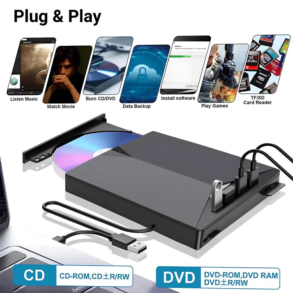 External CD DVD Drive for Laptop & Desktop , [7 in 1] USB 3.0 Type-C External DVD Player Portable CD/DVD ROM Burner with TF/SD Card Slots