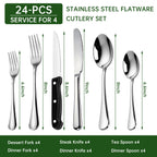 WEPSEN 24 PCS Silverware Set, Flatware Set for 4, Food-Grade Stainless Steel Cutlery Set, Mirror Finished Utensil Sets, Including Steak Knife Fork and Spoon,Dishwasher Safe, Silver