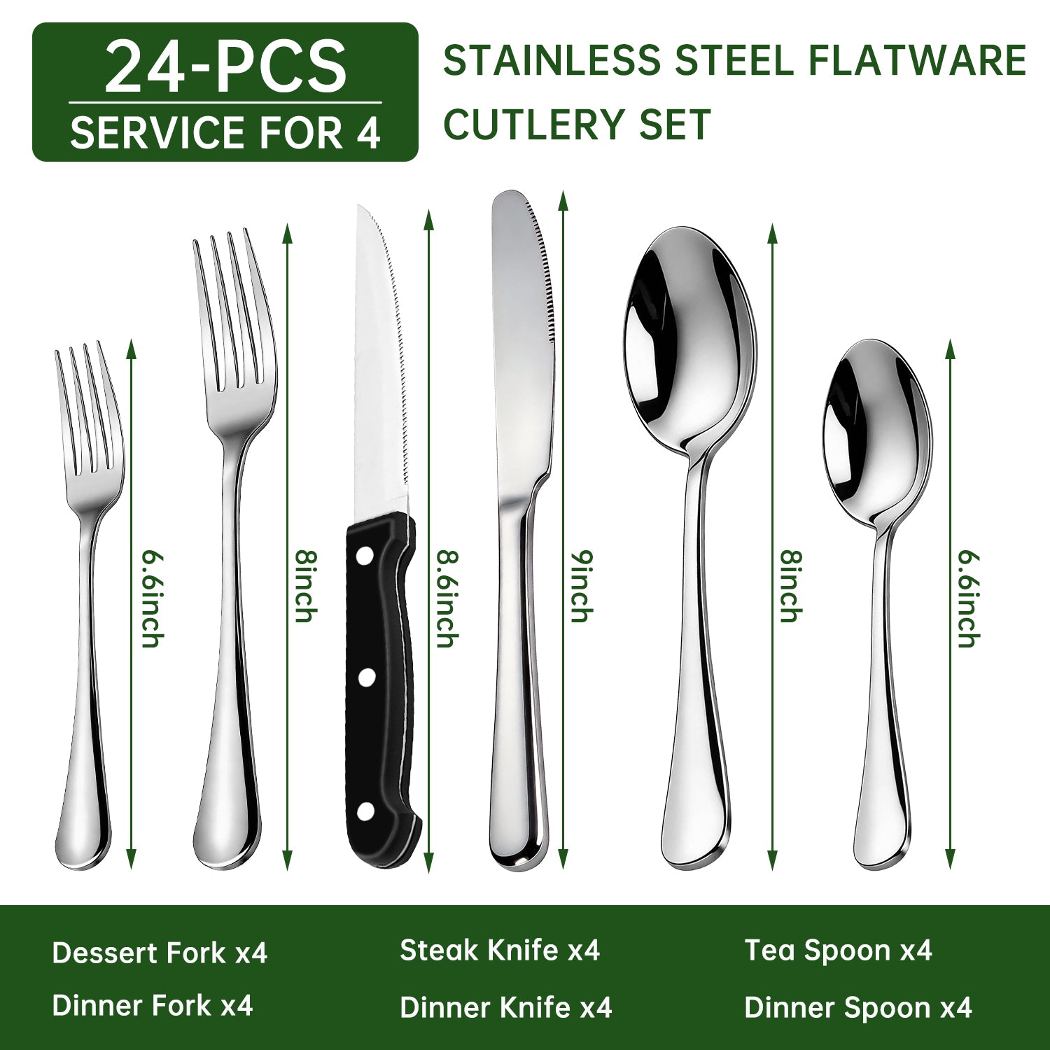 WEPSEN 24 PCS Silverware Set, Flatware Set for 4, Food-Grade Stainless Steel Cutlery Set, Mirror Finished Utensil Sets, Including Steak Knife Fork and Spoon,Dishwasher Safe, Silver