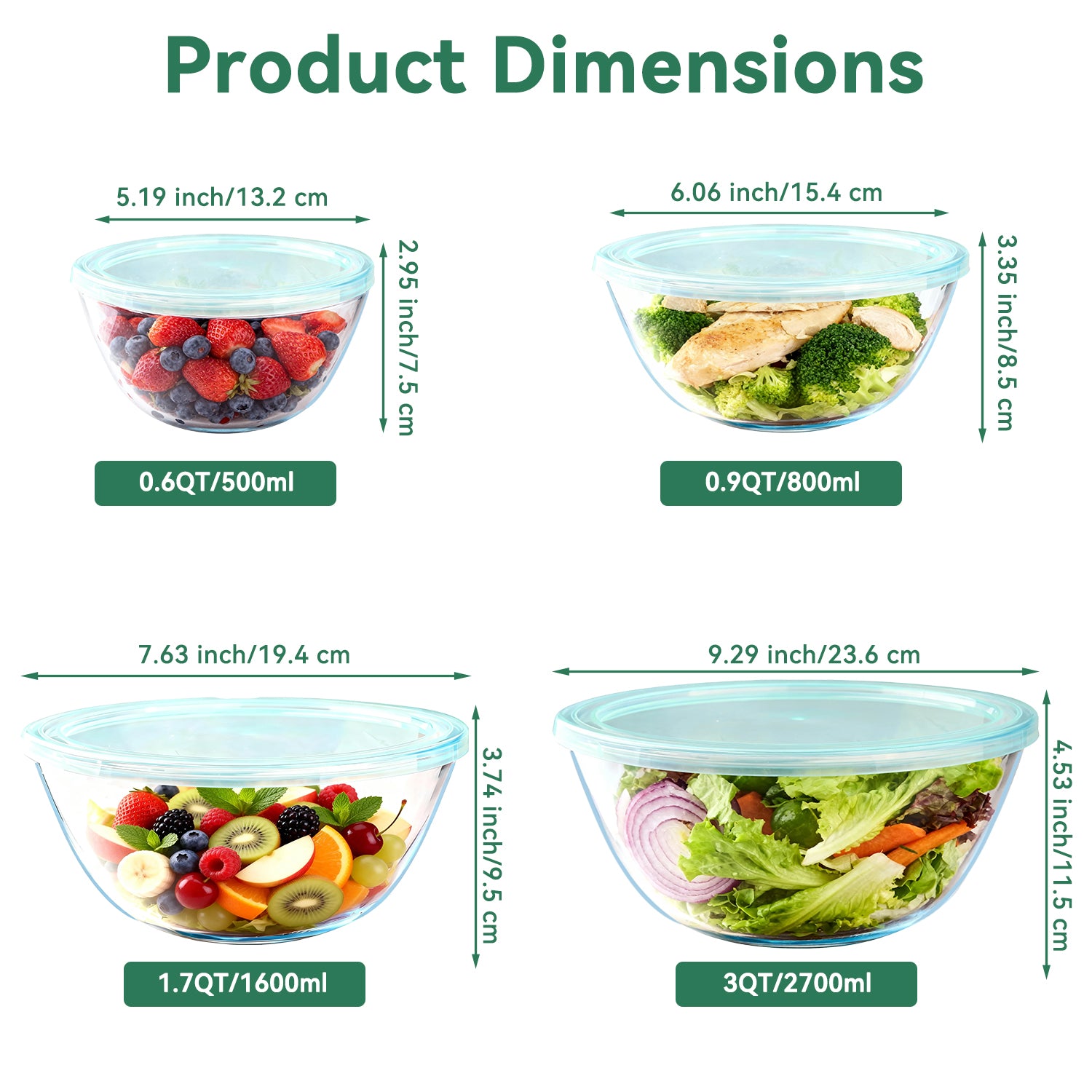 WEPSEN 4 Pack Glass Mixing Bowls Set (3/1.7/0.9/0.6QT),Large Salad Bowls Sets with BPA-Free Lids,Glass Thick Nesting Bowls for Kitchen Baking,Cooking Prep,Storage,Dishwasher Microwave Freezer Safe