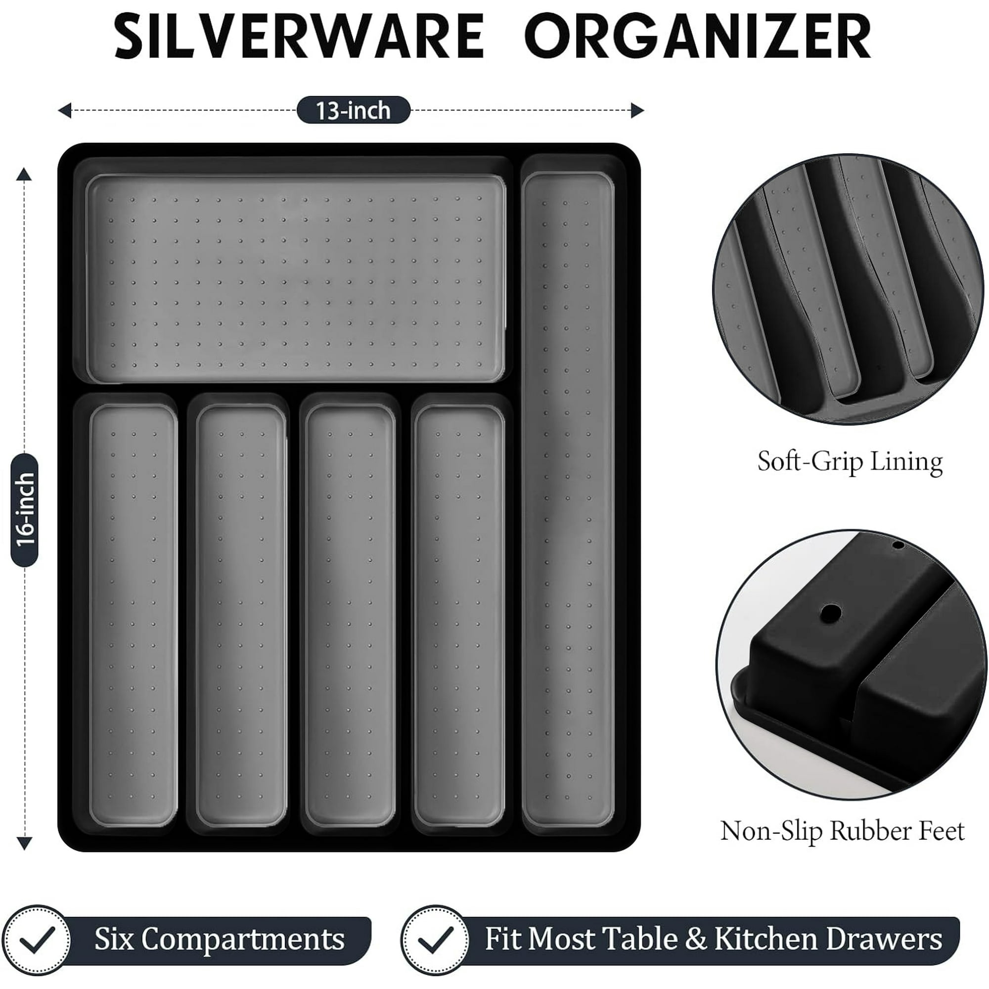 49-Piece Black Silverware Set with Flatware Drawer Organizer, Durable Stainless Steel Cutlery Set for 8, Mirror Polished Kitchen Utensils Tableware Service with Steak Knives and Tray