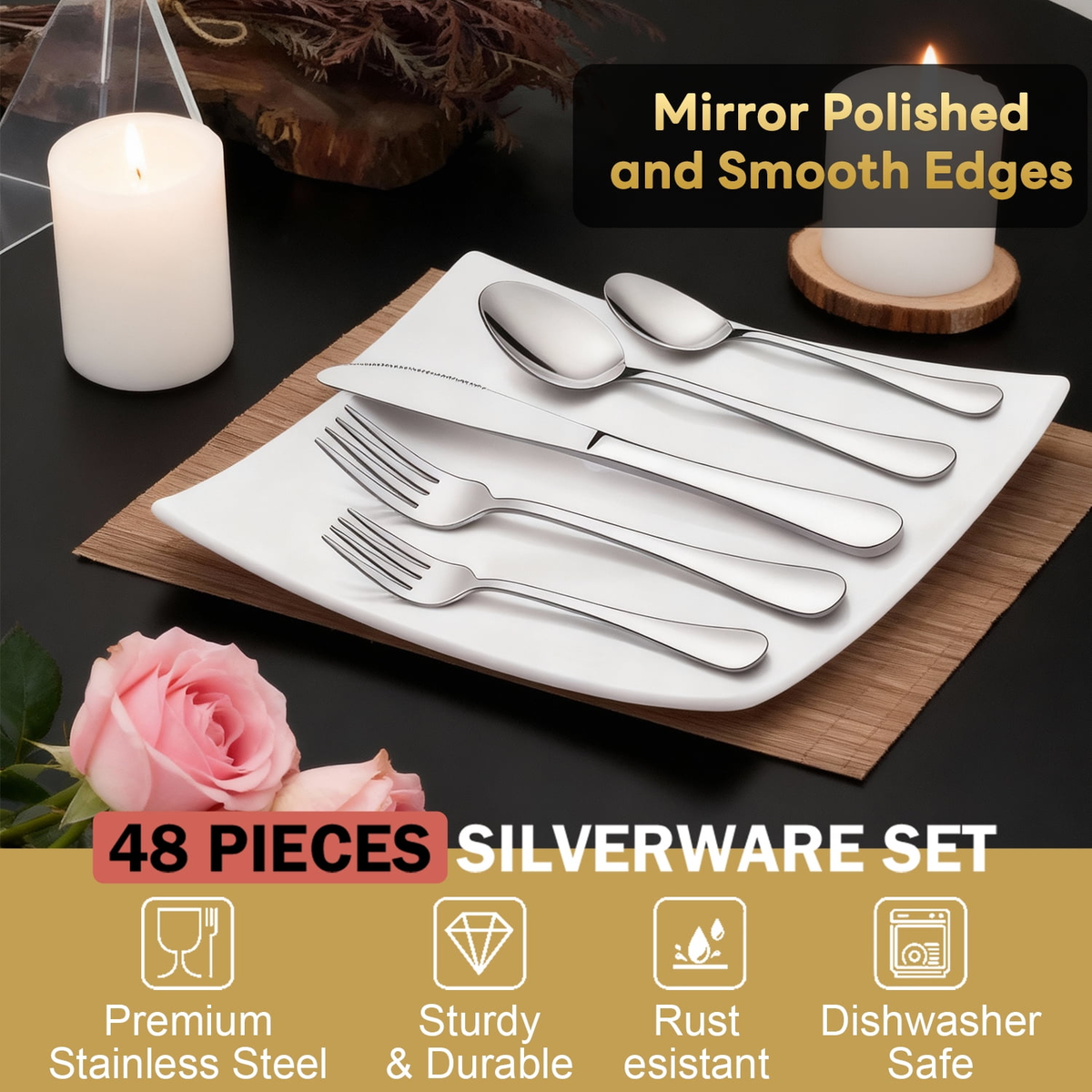 Kosbon 48-Pieces Silverware Set for 8, Stainless Steel Flatware Cutlery Utensil Set forks and Spoons, Kitchen Tableware Set
