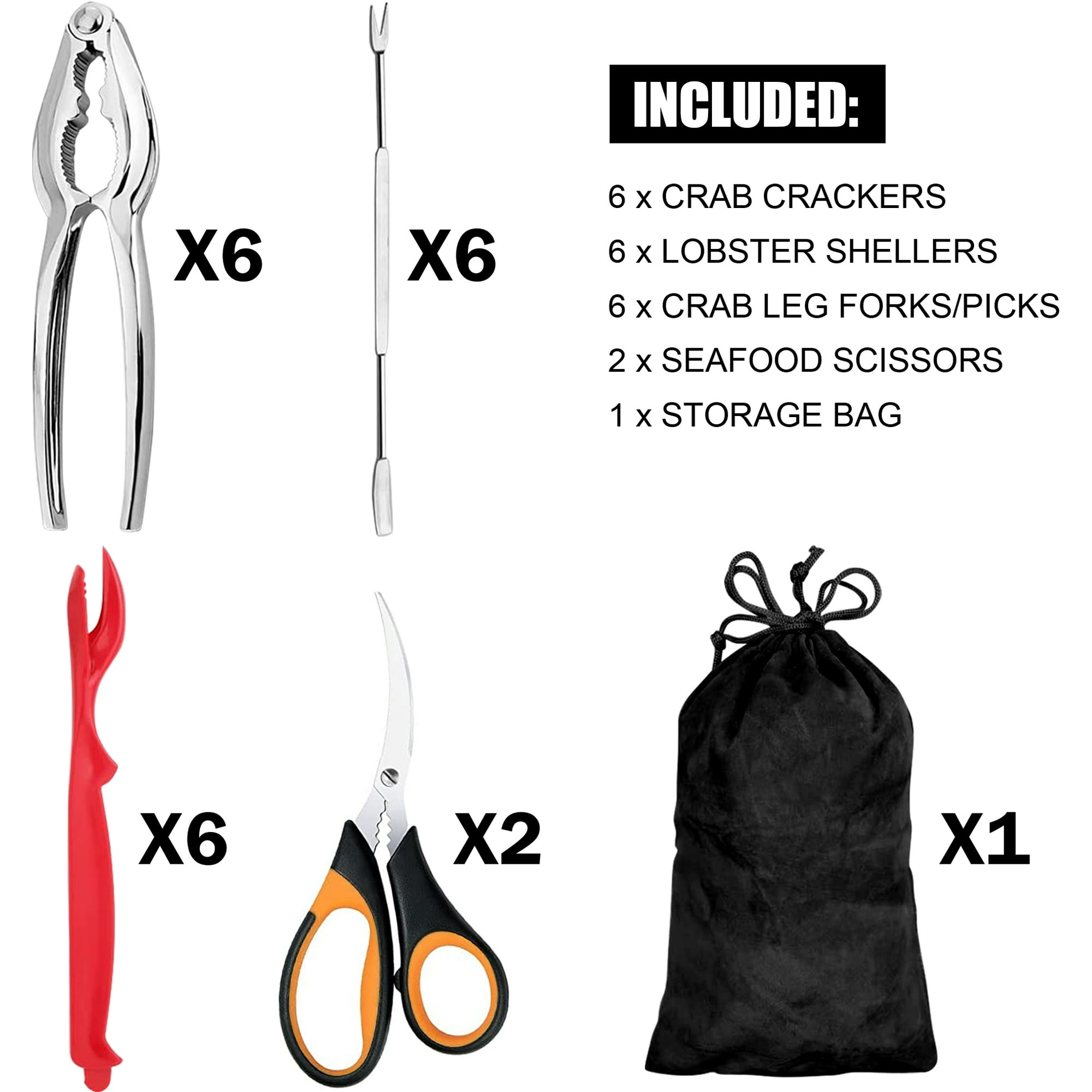 Kosbon 21-pieces Seafood Tools Set Includes 6 Sharp Crab Crackers, 6 Lobster Shellers, 6 Crab Leg Forks/Picks and 2 Safe Seafood Scissors & Storage Bag
