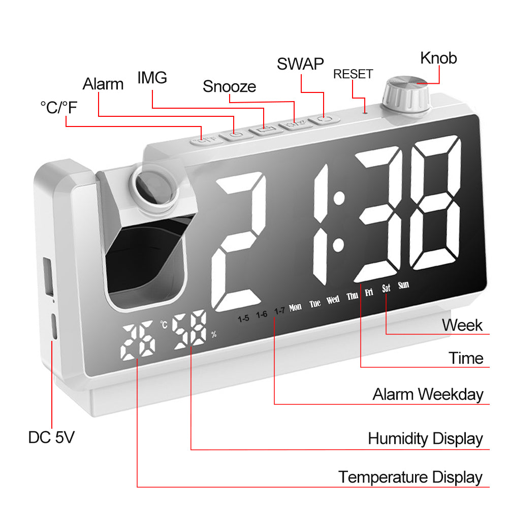 Digital Projection Alarm Clock for Bedroom, 4-Level YUANYE Dimmer, Dual Alarms, USB Charger Ports, Temperature & Humidity Display, Battery Backup, Snooze Function, 12/24H