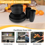 16-Piece Plastic Wheat Straw Dinnerware Set,Dish Set for 4 Salad Plates,Cereal Bowls,and Cups Set,Unbreakable and Lightweight,Microwave & Dishwasher Safe,Black