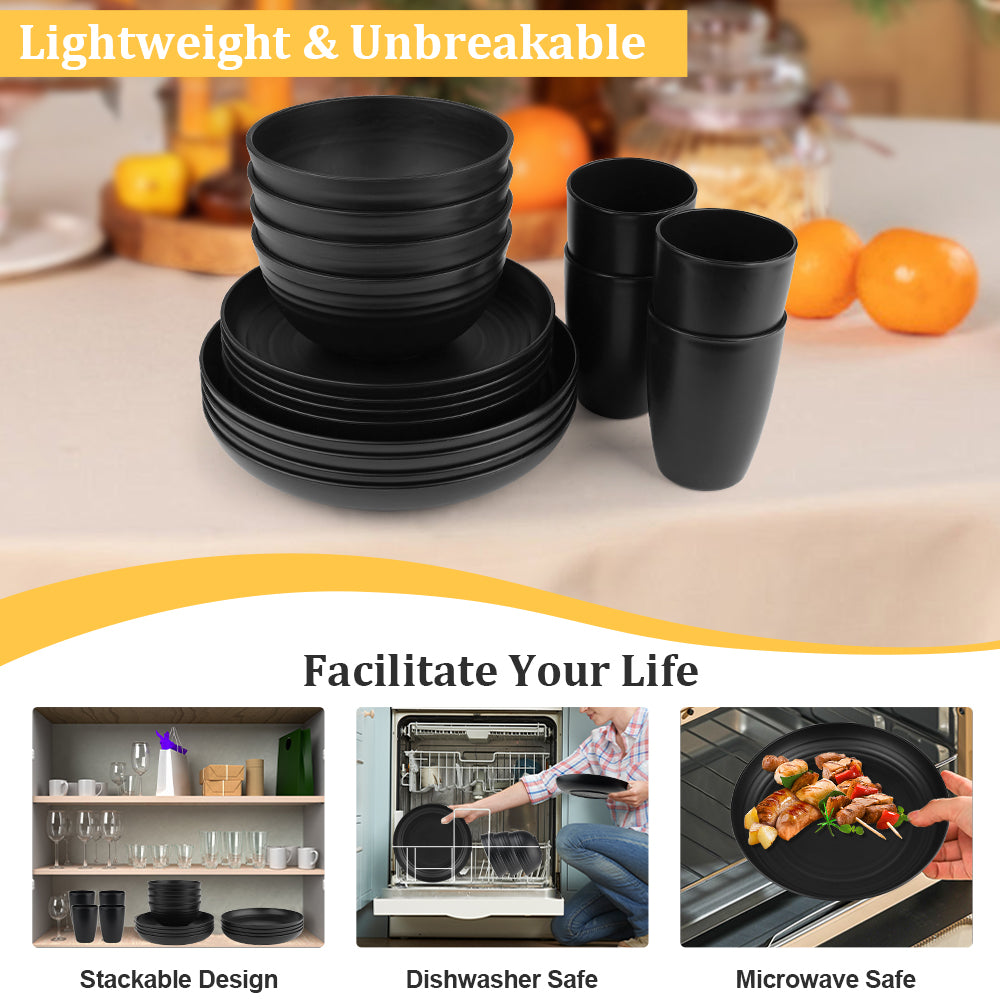 16-Piece Plastic Wheat Straw Dinnerware Set,Dish Set for 4 Salad Plates,Cereal Bowls,and Cups Set,Unbreakable and Lightweight,Microwave & Dishwasher Safe,Black
