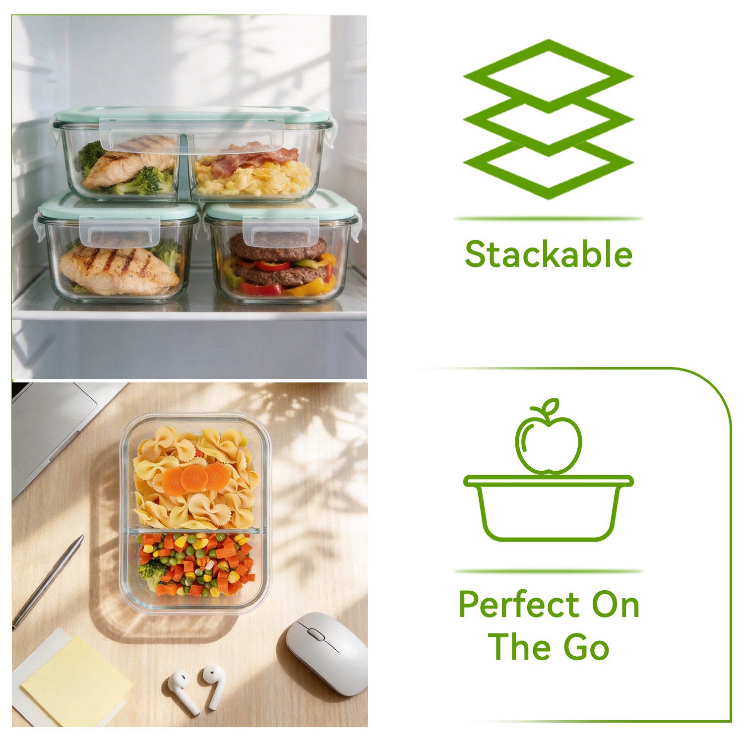 YUANYE 5 Pack 36oz Glass Meal Prep Containers with Lids, 1&2&3 Compartment Airtight Glass Food Storage, Microwave & Dishwasher Safe, Blue