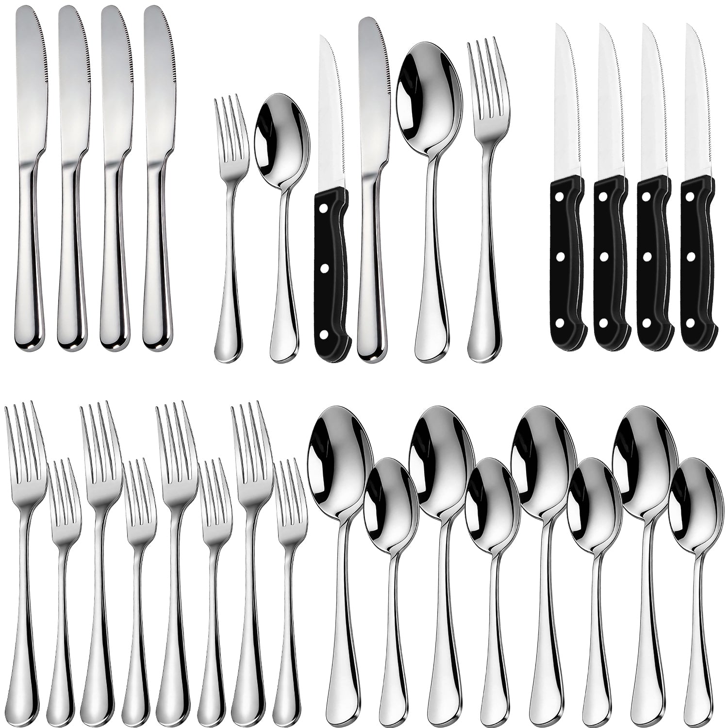 WEPSEN 24 PCS Silverware Set, Flatware Set for 4, Food-Grade Stainless Steel Cutlery Set, Mirror Finished Utensil Sets, Including Steak Knife Fork and Spoon,Dishwasher Safe, Silver