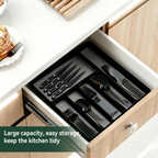 49-Piece Black Silverware Set with Flatware Drawer Organizer, Durable Stainless Steel Cutlery Set for 8, Mirror Polished Kitchen Utensils Tableware Service with Steak Knives and Tray
