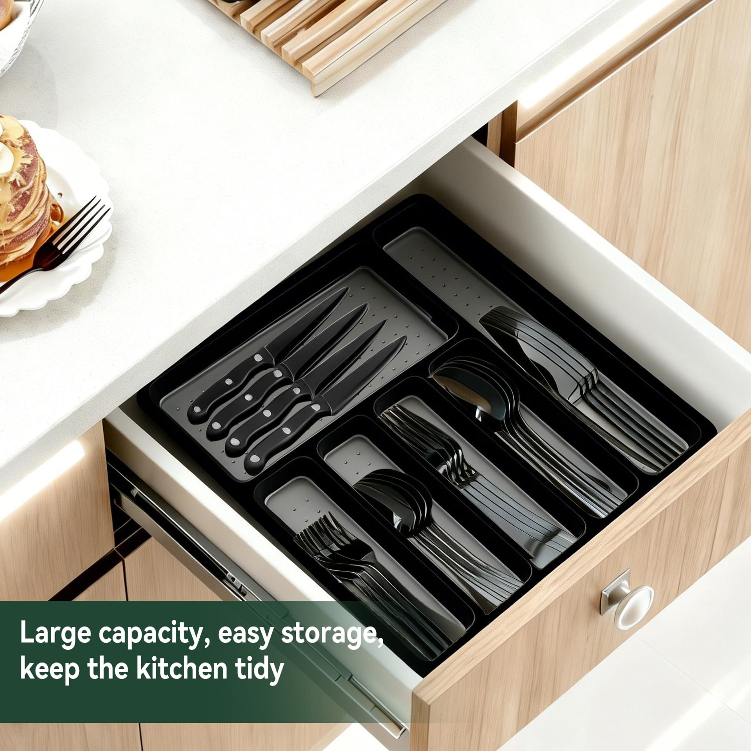 49-Piece Black Silverware Set with Flatware Drawer Organizer, Durable Stainless Steel Cutlery Set for 8, Mirror Polished Kitchen Utensils Tableware Service with Steak Knives and Tray