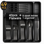 49-Piece Black Silverware Set with Flatware Drawer Organizer, Durable Stainless Steel Cutlery Set for 8, Mirror Polished Kitchen Utensils Tableware Service with Steak Knives and Tray
