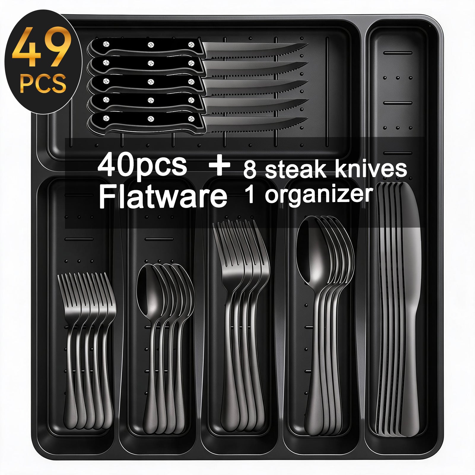 49-Piece Black Silverware Set with Flatware Drawer Organizer, Durable Stainless Steel Cutlery Set for 8, Mirror Polished Kitchen Utensils Tableware Service with Steak Knives and Tray