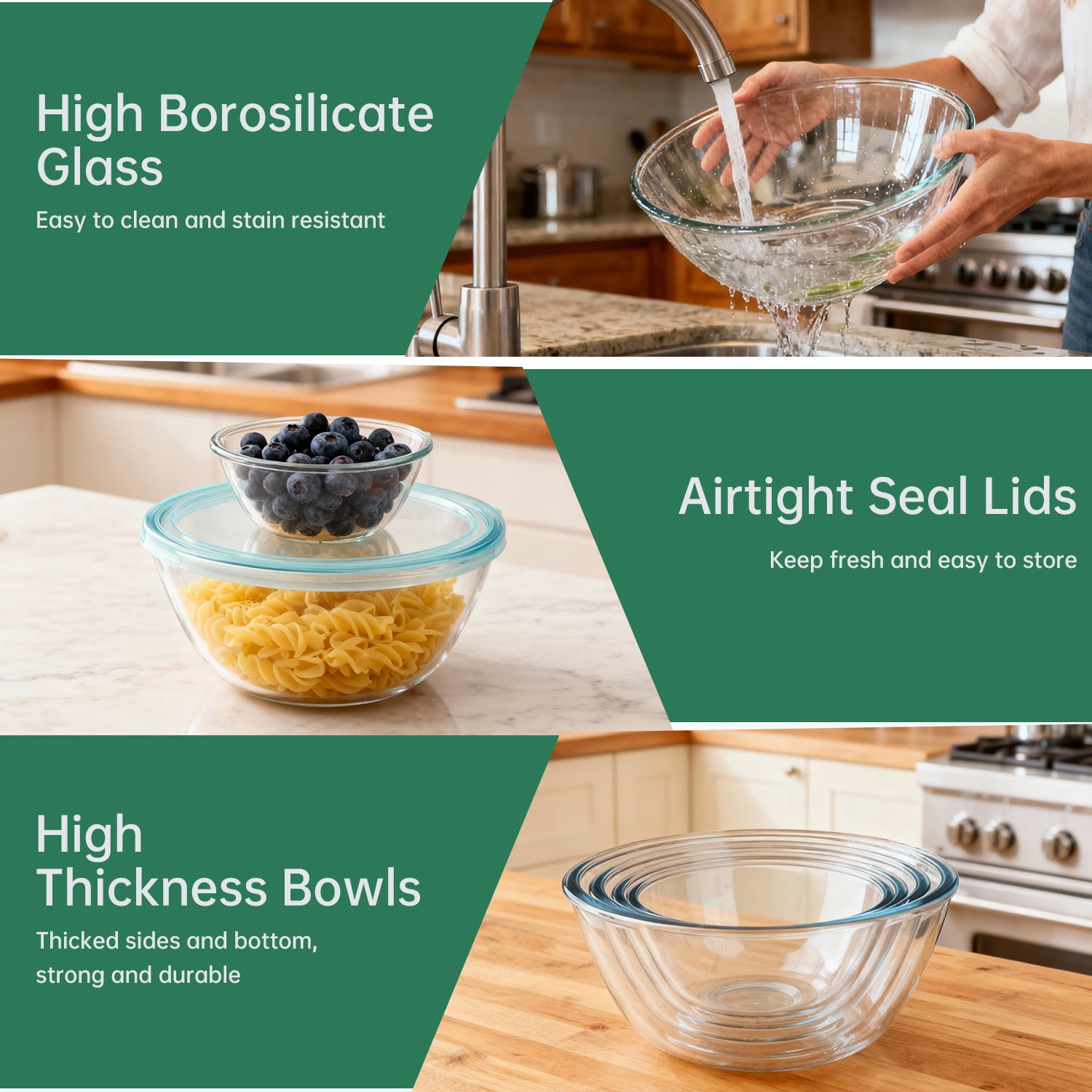 WEPSEN 4 Pack Glass Mixing Bowls Set (3/1.7/0.9/0.6QT),Large Salad Bowls Sets with BPA-Free Lids,Glass Thick Nesting Bowls for Kitchen Baking,Cooking Prep,Storage,Dishwasher Microwave Freezer Safe