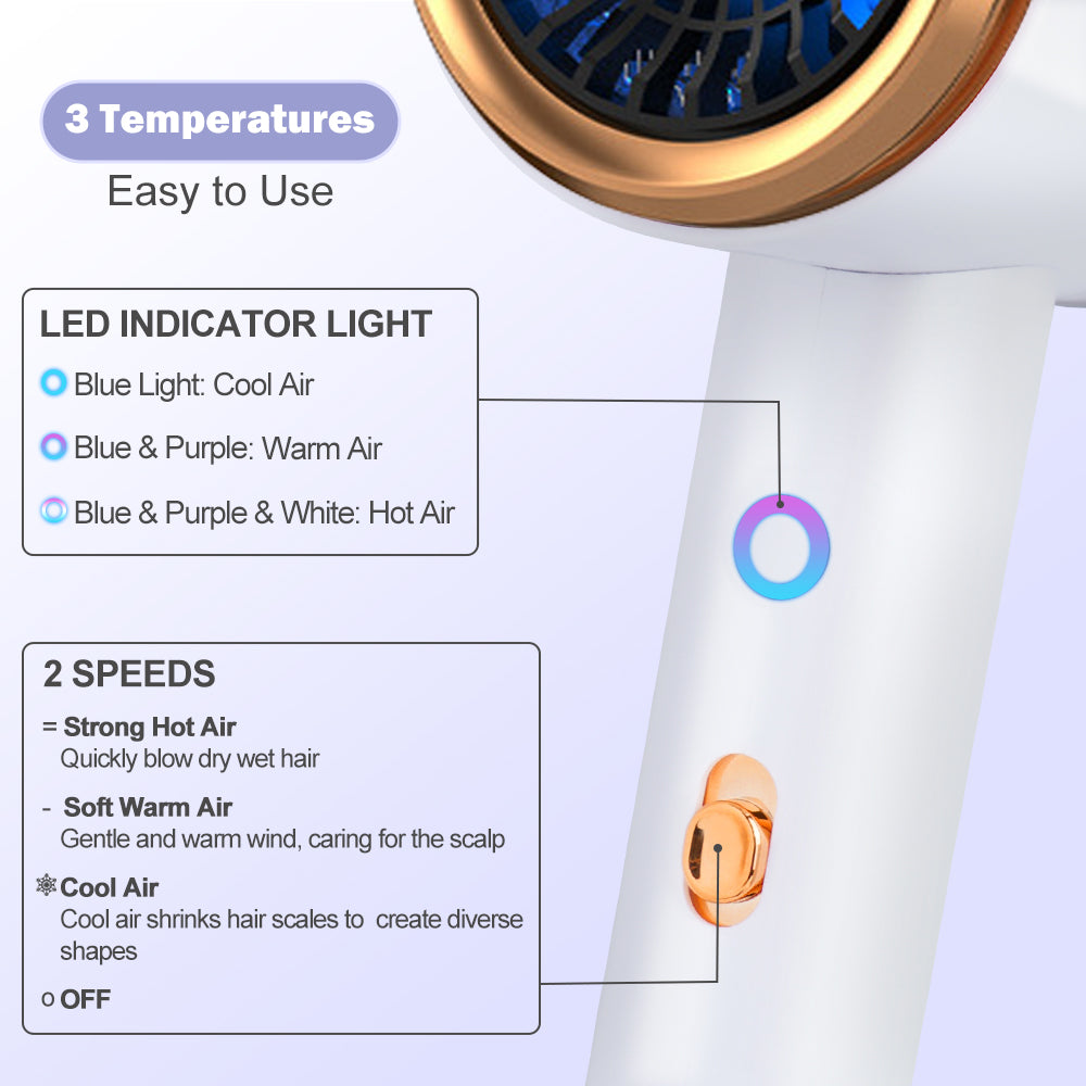 YUANYE Ionic Hair Dryer, 2100W Professional Blow Dryer, Negative Ion Technolog Drying with 3 Heating, 2 Speed, 2 Nozzle for Home Salon Travel