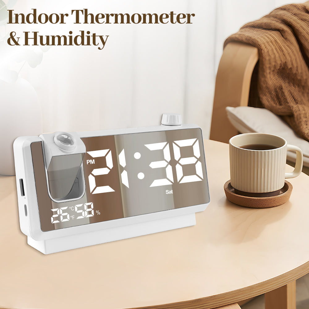 Digital Projection Alarm Clock for Bedroom, 4-Level YUANYE Dimmer, Dual Alarms, USB Charger Ports, Temperature & Humidity Display, Battery Backup, Snooze Function, 12/24H