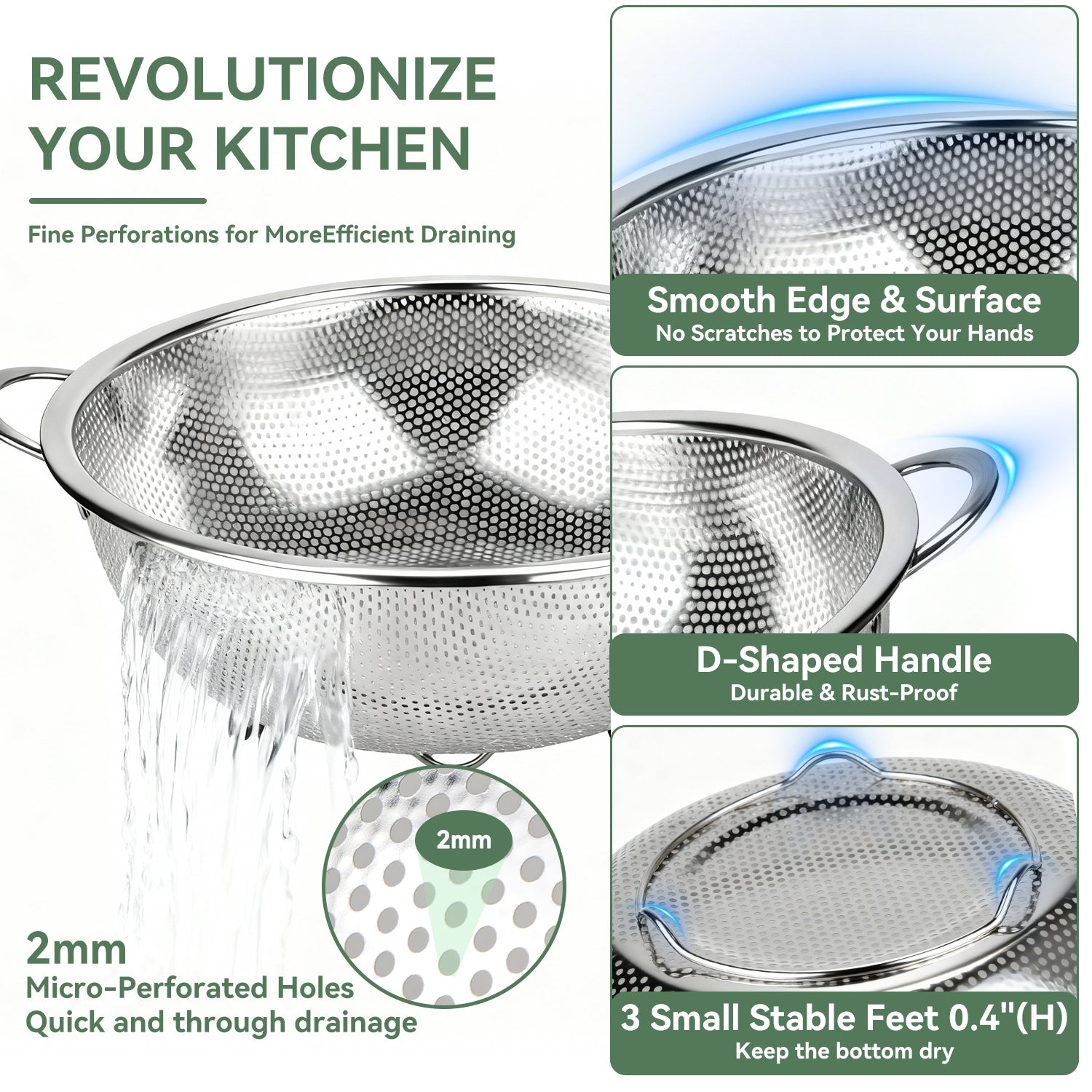 3 Pack Stainless Steel Colander Set (1/3/5QT),Micro-Perforated Colanders Strainers with Handles & Resting Base for Rinsing Pasta Spaghetti Fruits Vegetables,Nesting Design,Rust Free & Dishwasher Safe